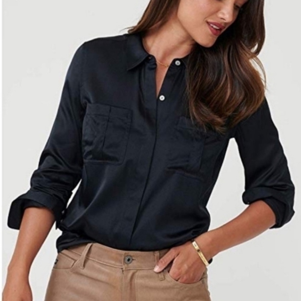 Untuck it collared Carlina silk button down dress shirt long sleeve top black